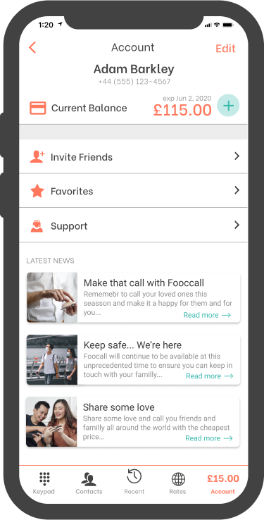 FooCall balance screen
